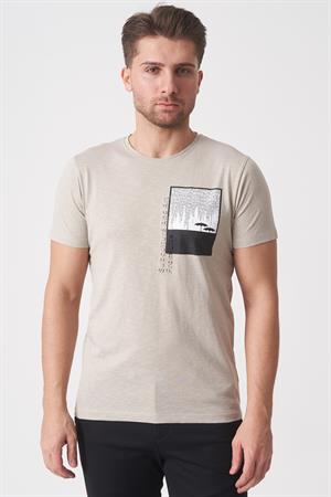White Stone Brasília 3148 Slim Fit Pamuklu Likralı Bisiklet Yaka T-Shirt  Bej