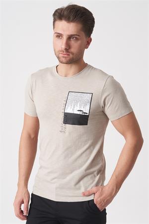 White Stone Brasília 3148 Slim Fit Pamuklu Likralı Bisiklet Yaka T-Shirt  Bej