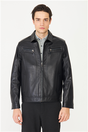 Siyah Fermuarlı Klasik Kesim Hakiki Deri Ceket