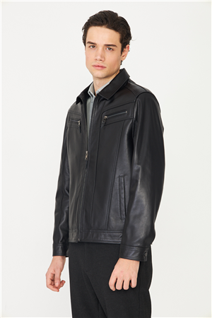 Siyah Fermuarlı Klasik Kesim Hakiki Deri Ceket