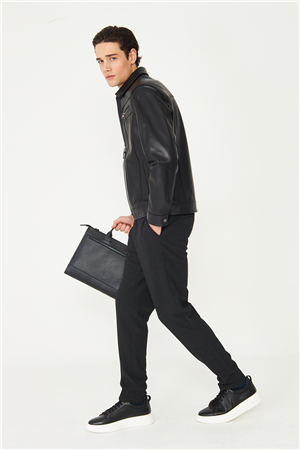 Siyah Fermuarlı Klasik Kesim Hakiki Deri Ceket