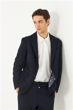 Lacivert Hafif Dokulu İçi Desenli Blazer Ceket