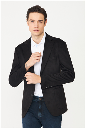 Siyah Nubuk Görünümlü Dokulu Modern Ceket