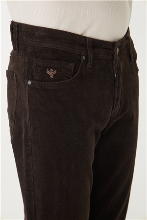 Kahverengi Düz Kesim Fitilli Kadife Günlük Pantolon