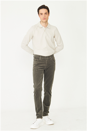 Haki Düz Kesim Fitilli Kadife Günlük Pantolon