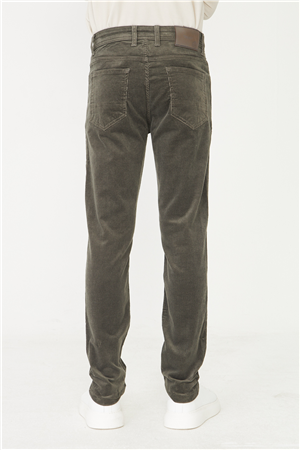 Haki Düz Kesim Fitilli Kadife Günlük Pantolon