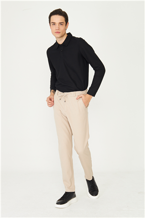 Bej Beli Bağcıklı Modern Kesim Jogger Pantolon