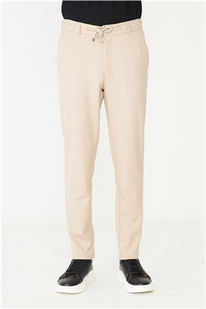 Bej Beli Bağcıklı Modern Kesim Jogger Pantolon
