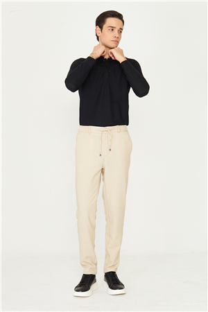 Bej Mikro Desenli Bağcıklı Modern Jogger Pantolon