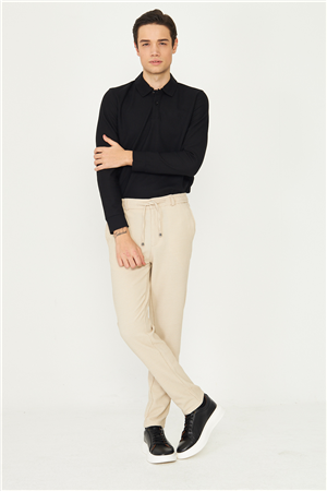 Bej Mikro Desenli Bağcıklı Modern Jogger Pantolon