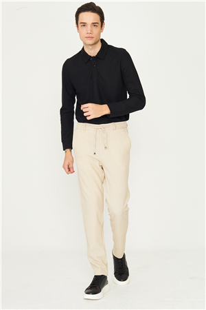 Bej Mikro Desenli Bağcıklı Modern Jogger Pantolon