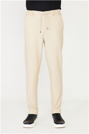 Bej Mikro Desenli Bağcıklı Modern Jogger Pantolon