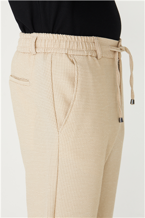 Bej Mikro Desenli Bağcıklı Modern Jogger Pantolon