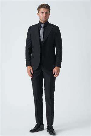 Siyah Slim Fit Kalıp Yelekli Klasik Esnek Likralı Kapaklı Cepli Takım Elbise