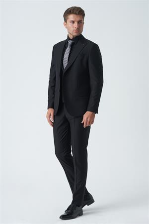 Siyah Slim Fit Kalıp Yelekli Klasik Esnek Likralı Kapaklı Cepli Takım Elbise