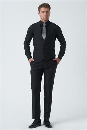 Siyah Slim Fit Kalıp Yelekli Klasik Esnek Likralı Kapaklı Cepli Takım Elbise