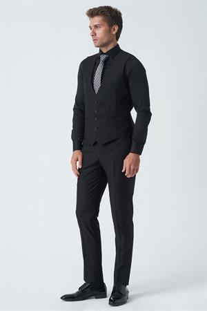 Siyah Slim Fit Kalıp Yelekli Klasik Esnek Likralı Kapaklı Cepli Takım Elbise