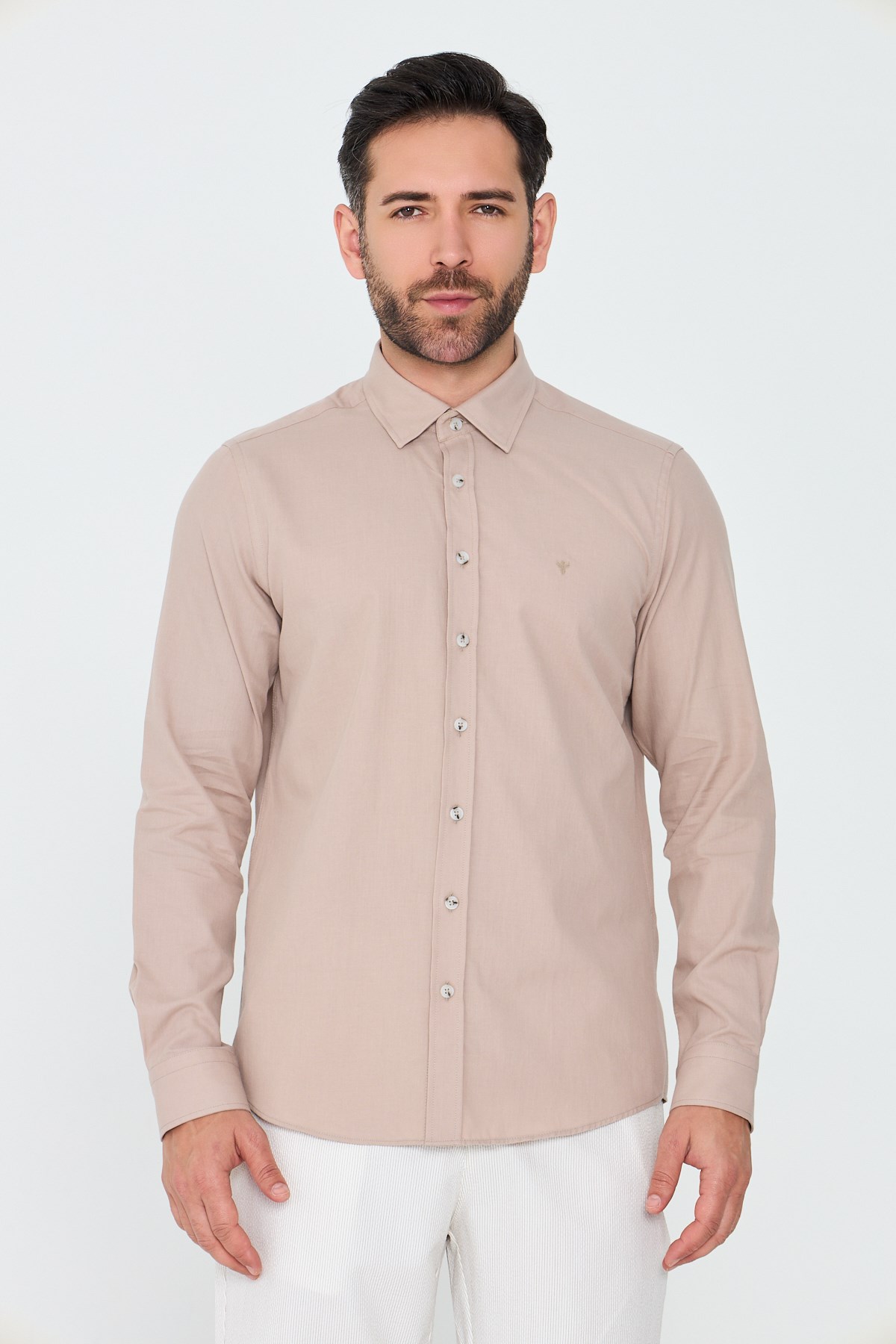 White StoneAçık Kahverengi %100 Pamuk Regular Fit Erkek Uzun Kollu Gömlek