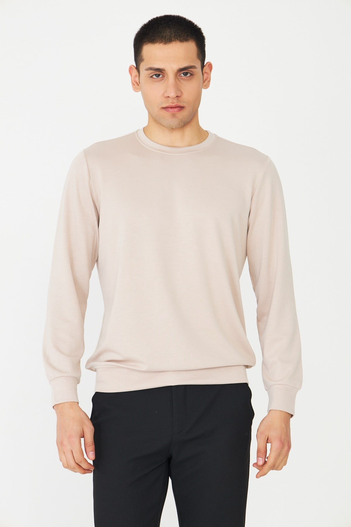 White StoneBej Basic Bisiklet Yaka Erkek Sweatshirt