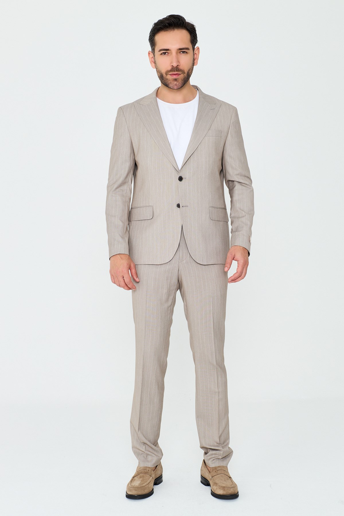 White StoneBej Çizgili Sivri Yaka 6 Drop Regular Fit Günlük Takım Elbise
