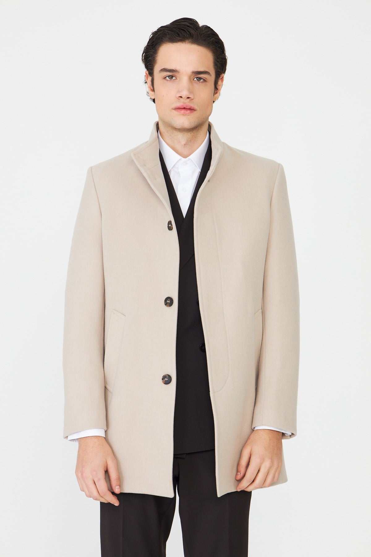 White StoneBej Dik Yaka Astarlı İç Cepli Kaşe Kaban Regular Fit