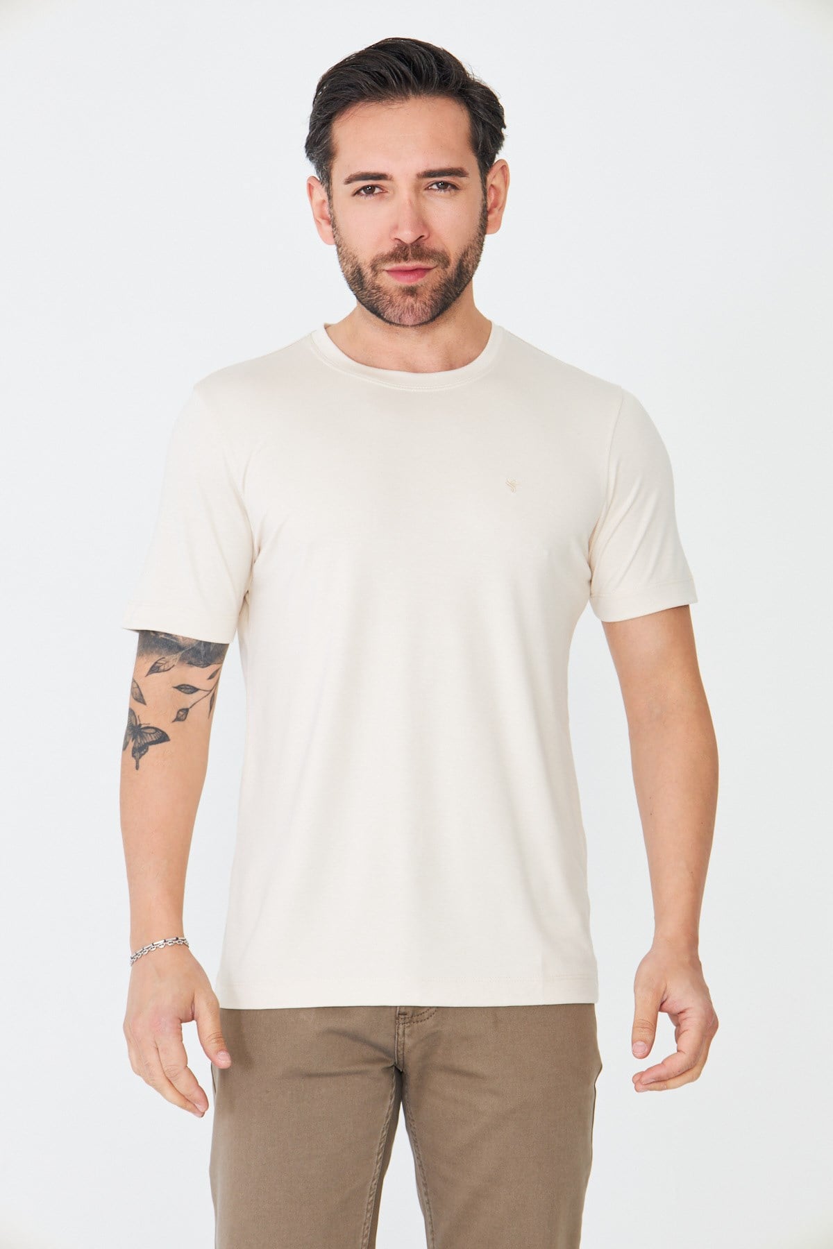 White StoneBej Sıfır Yaka Basic Erkek Tişört