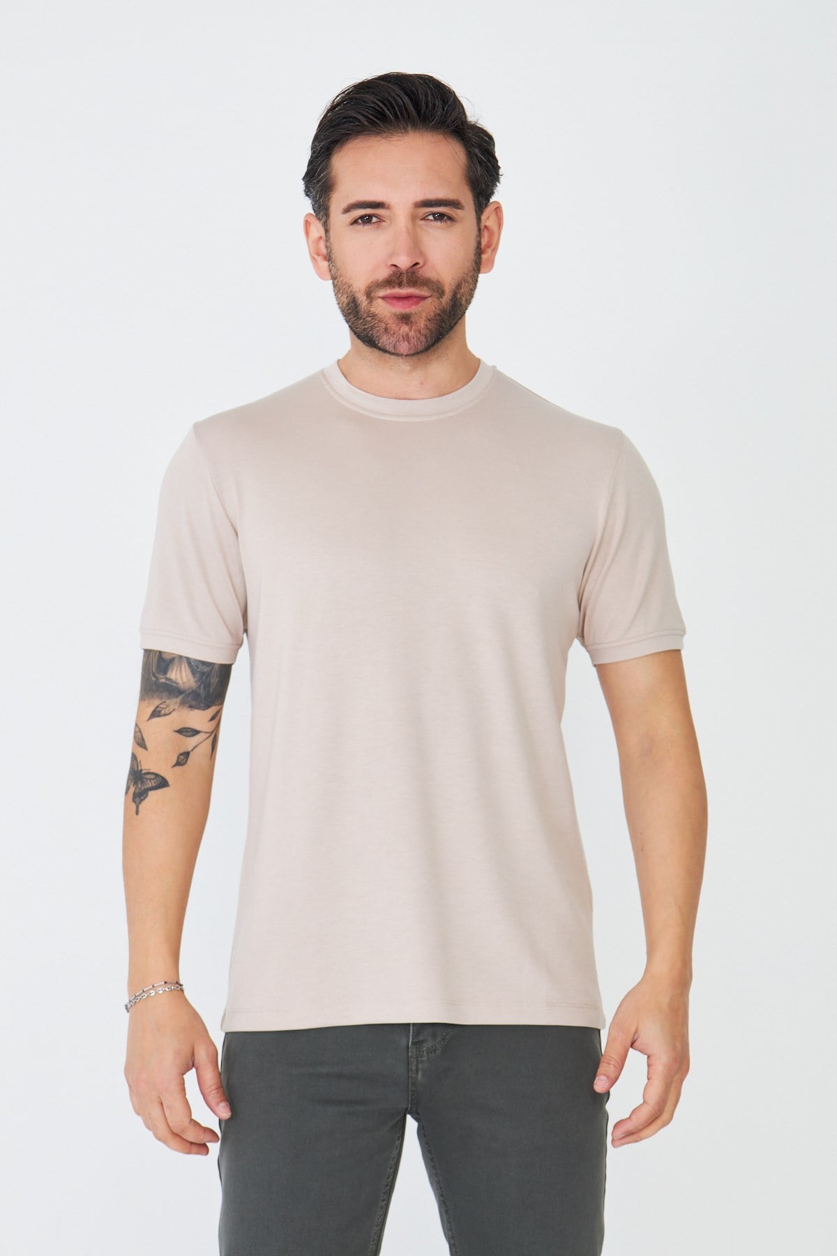 White StoneBej Sıfır Yaka Basic Tişört