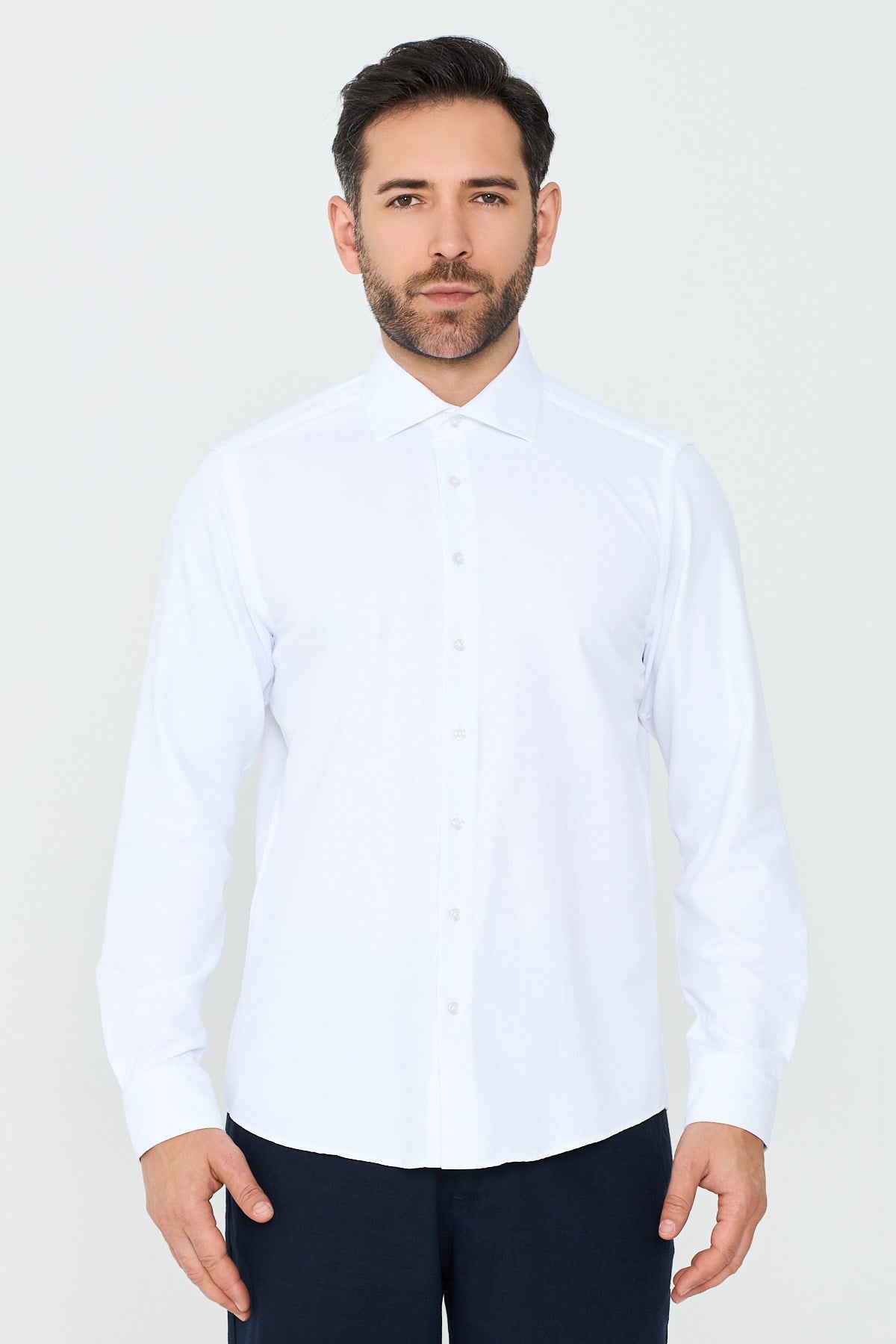 White StoneBeyaz Dokulu Dynamic Fit Erkek Uzun Kollu Gömlek