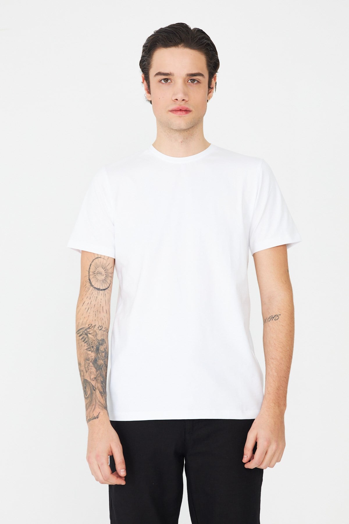 White StoneBeyaz Düz Kumaş Bisiklet Yaka Basic Erkek T-Shirt
