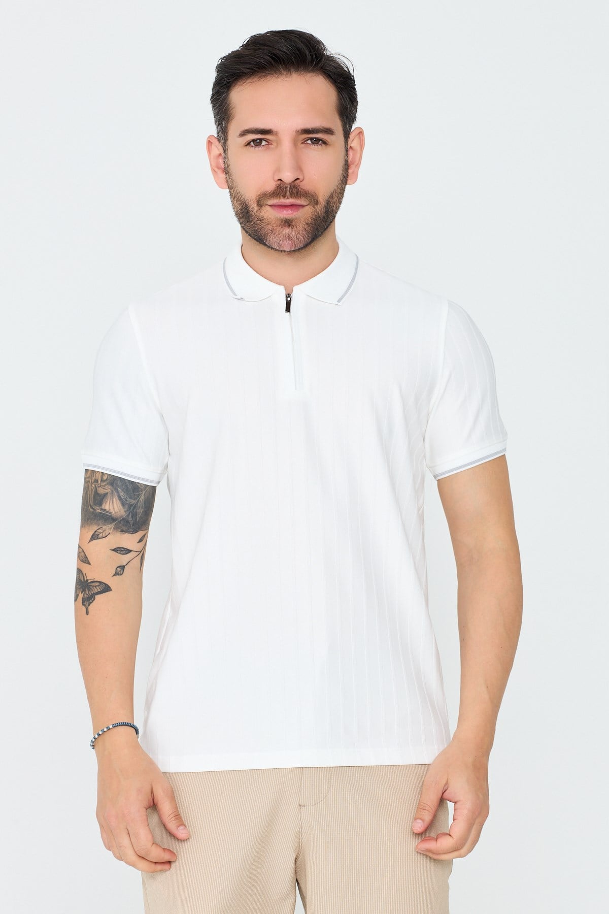 White StoneBeyaz Fermuarlı Erkek Polo Yaka Tişört