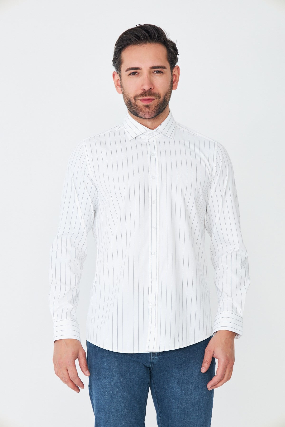 White StoneBeyaz Lacivert Çizgili Slim Fit Erkek Gömlek