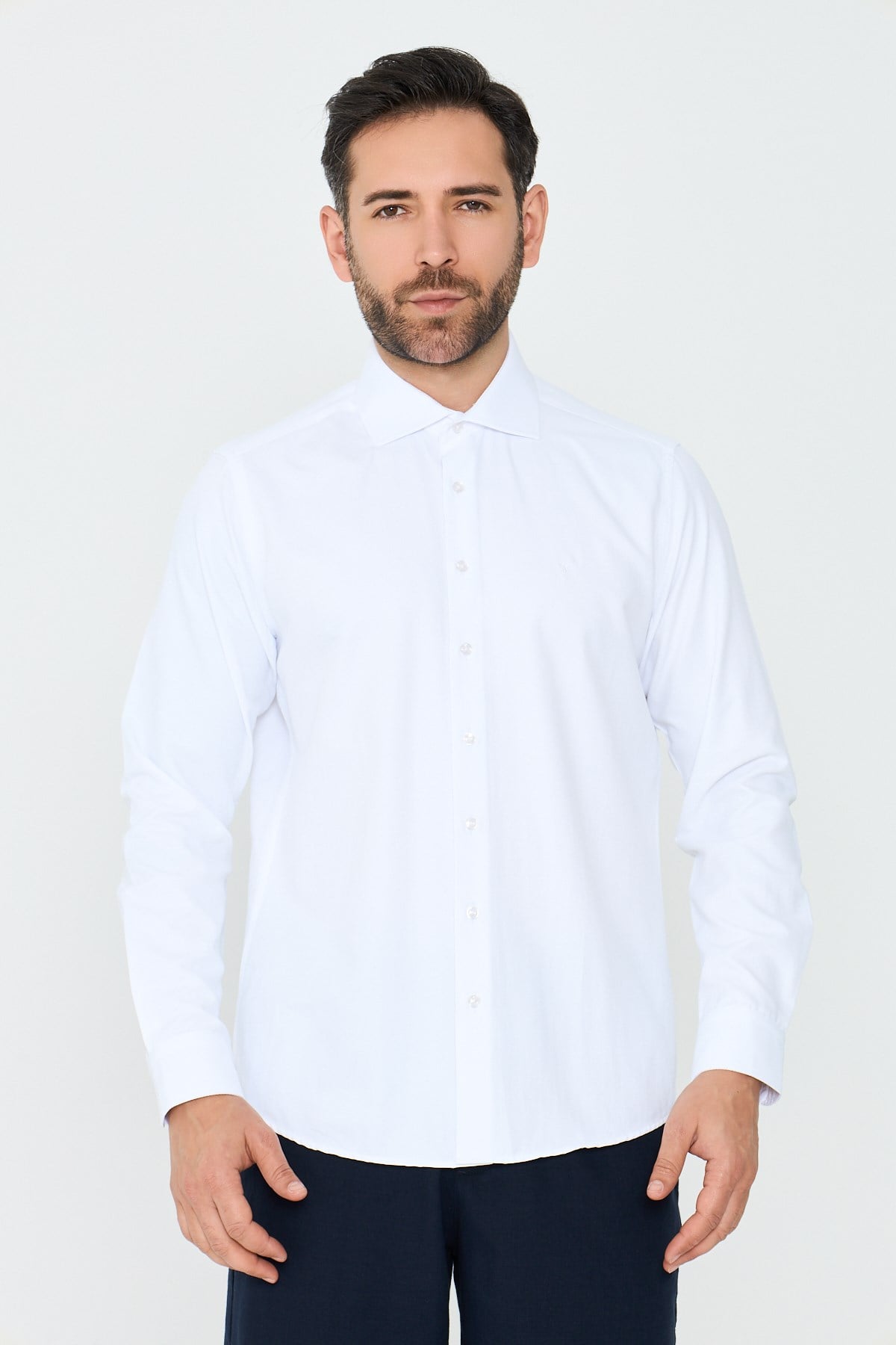 White StoneBeyaz Mikro Çizgili Dynamic Fit Erkek Uzun Kollu Gömlek