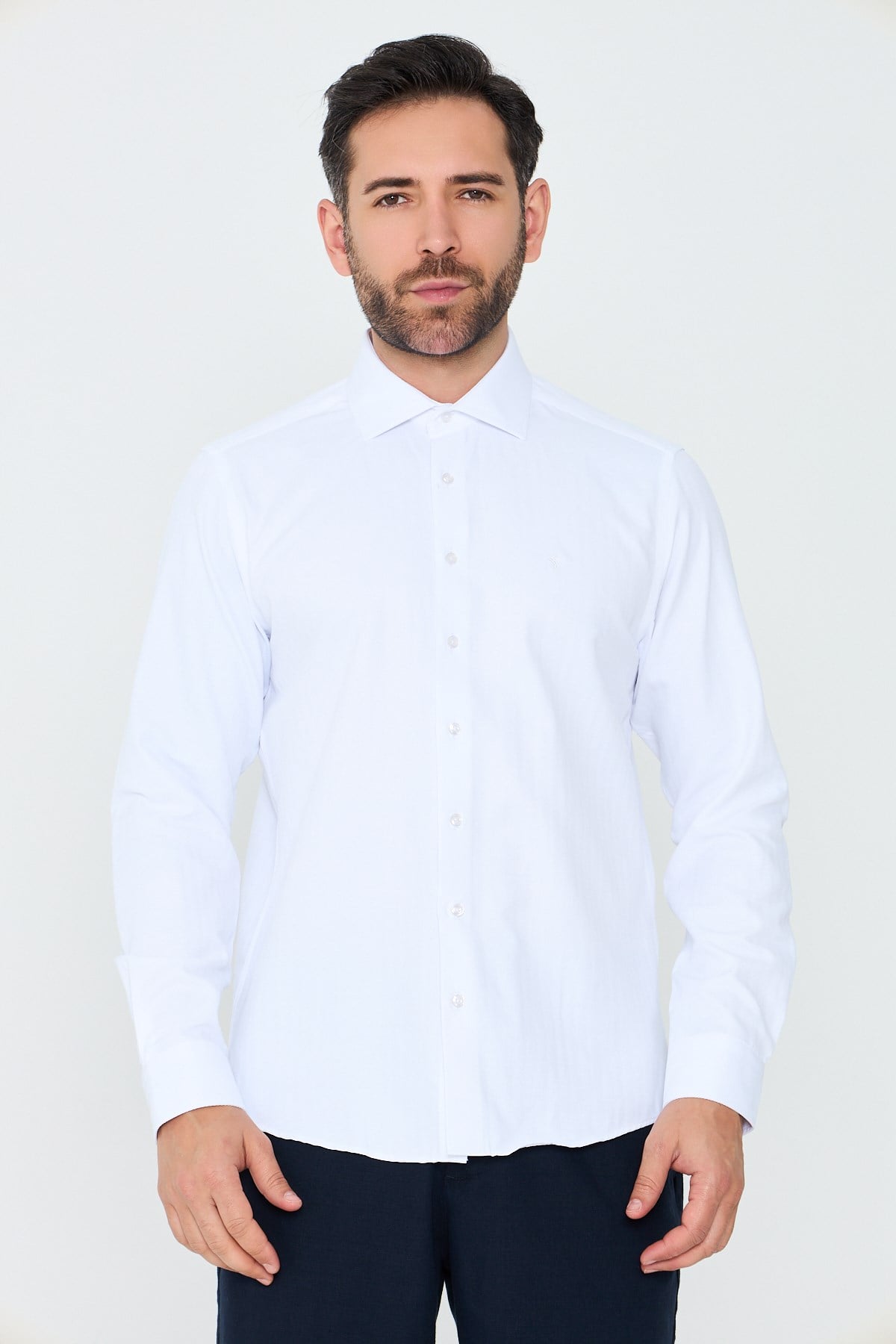 White StoneBeyaz Mikro Desenli Dynamic Fit Uzun Kollu Erkek Gömlek