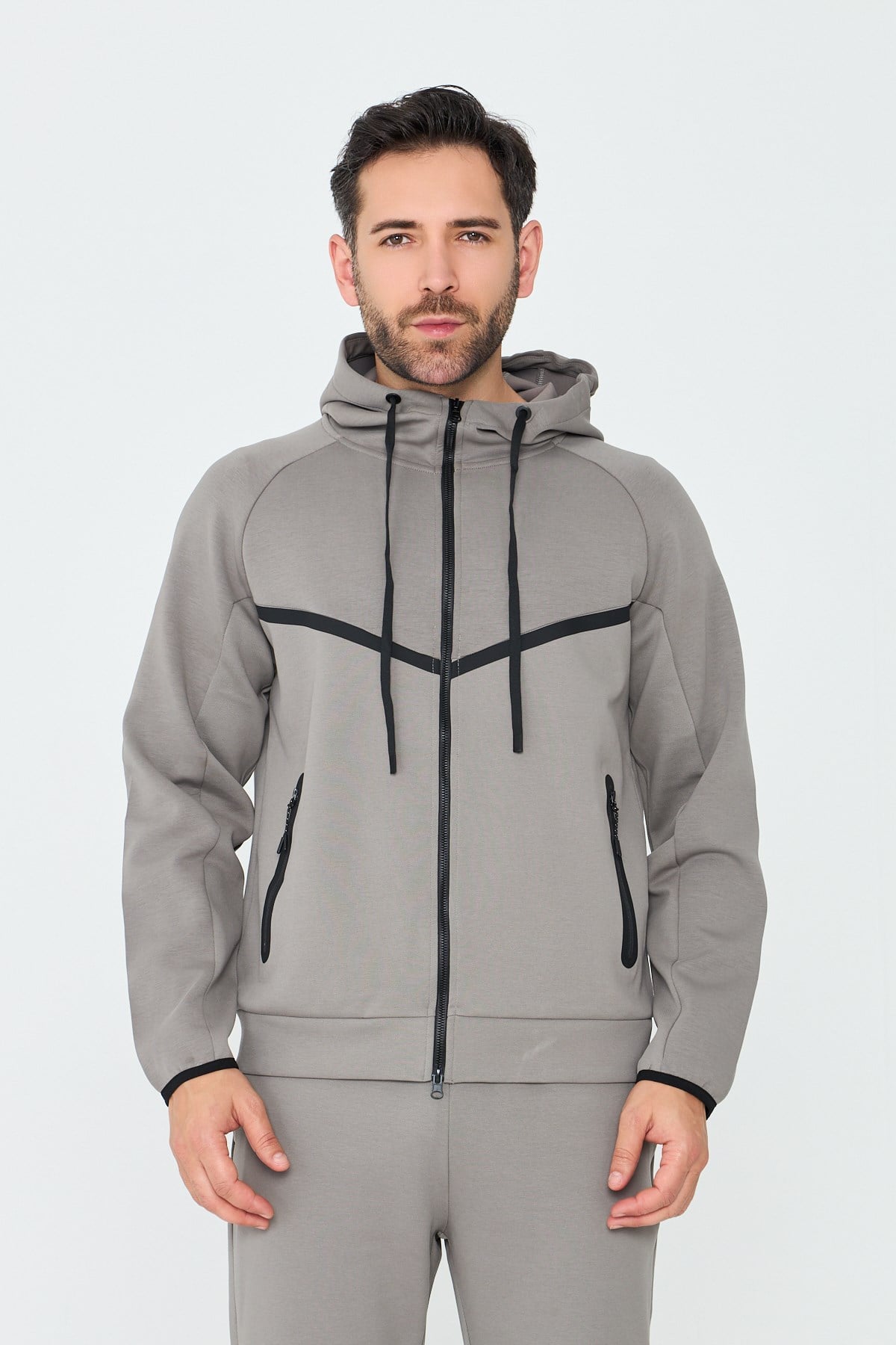White StoneGri Cepli Kapüşonlu Fermuarlı Erkek Sweatshirt