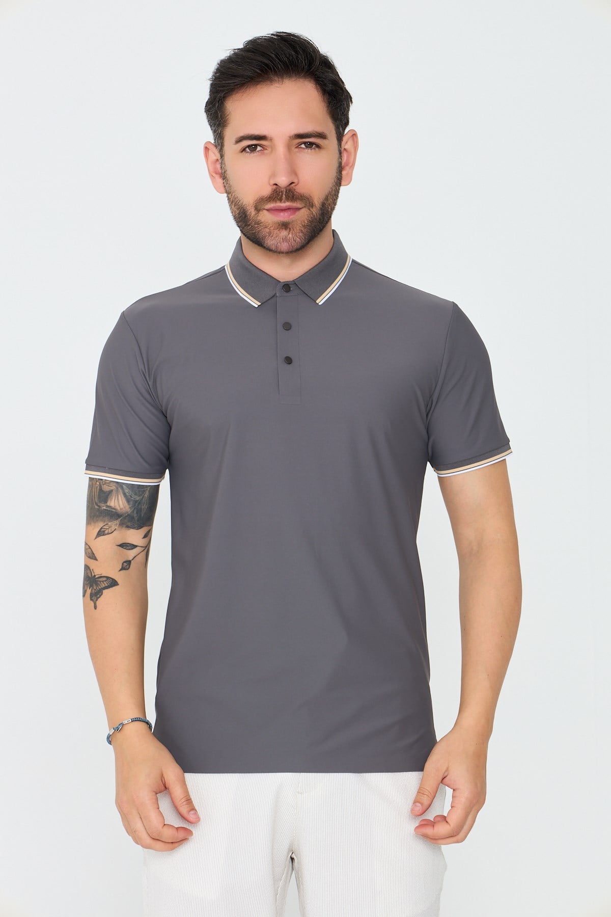 White StoneGri Düğmeli Erkek Polo Yaka Tişört