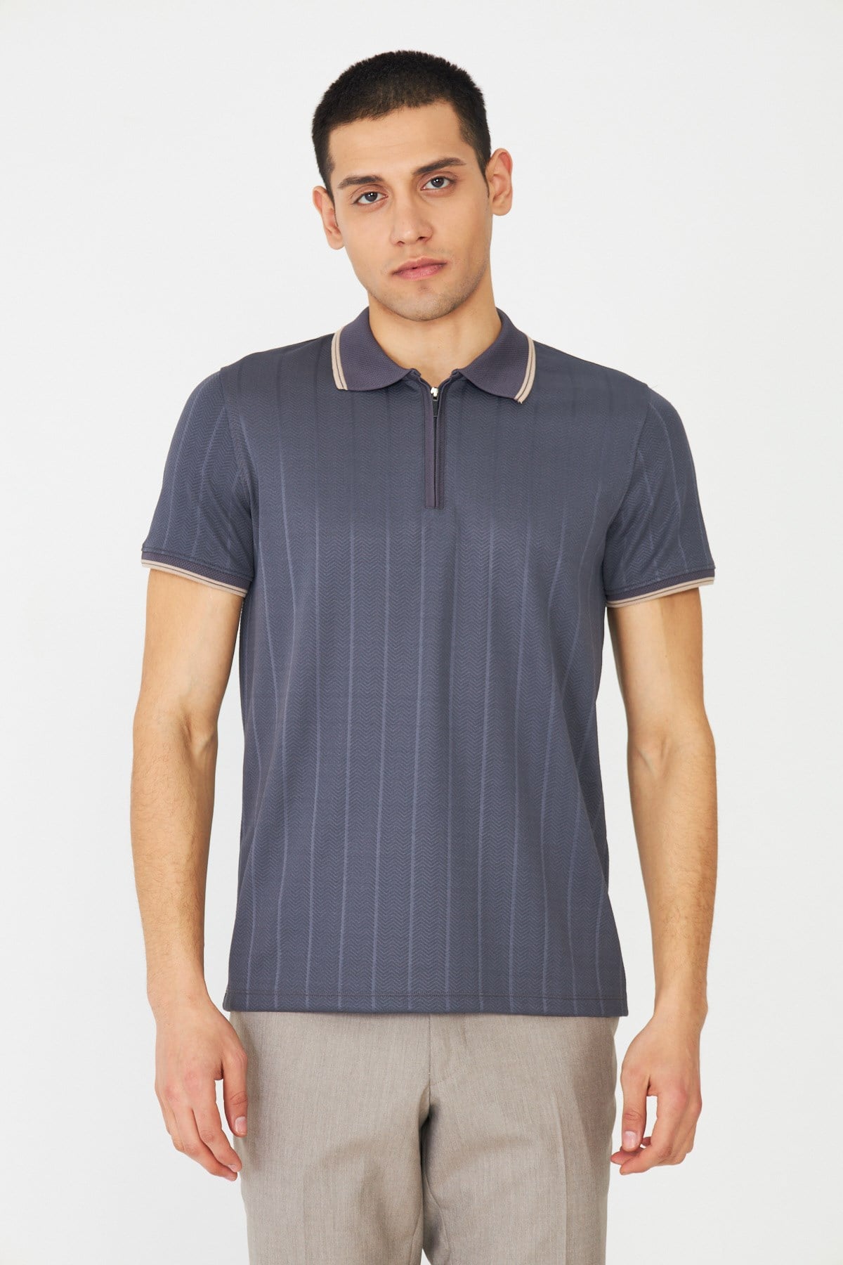 White StoneGri Fermuarlı Polo Yaka Erkek T-Shirt