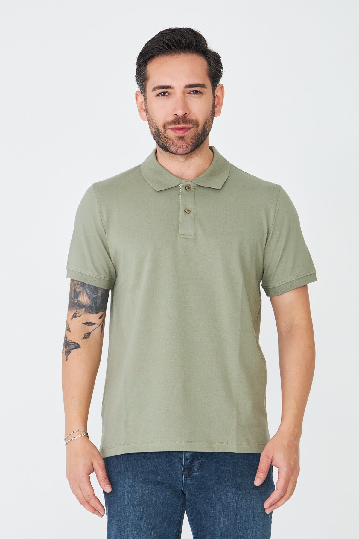 White StoneHaki Çift Düğmeli Klasik Polo Yaka T-shirt