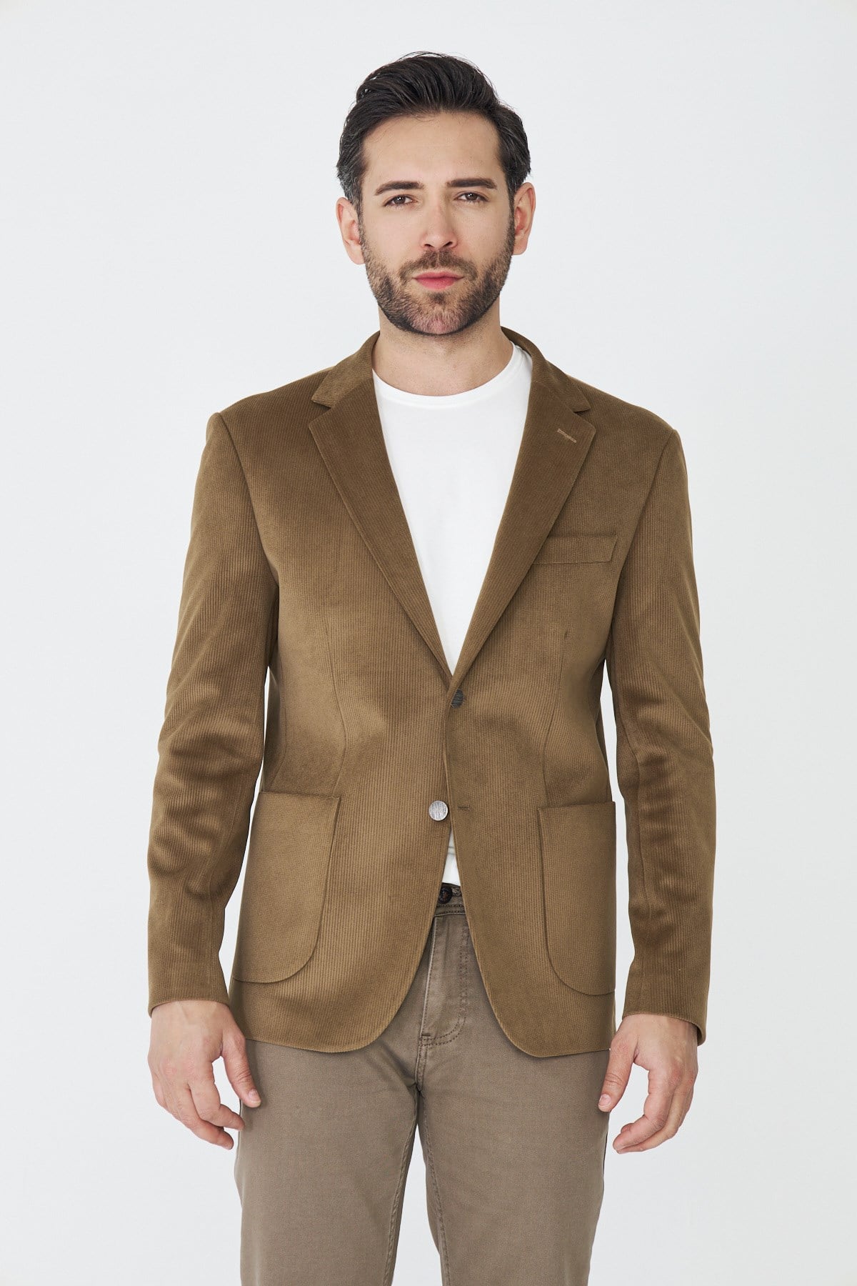 White StoneKahverengi Fitilli Kadife Slim Fit Blazer Ceket