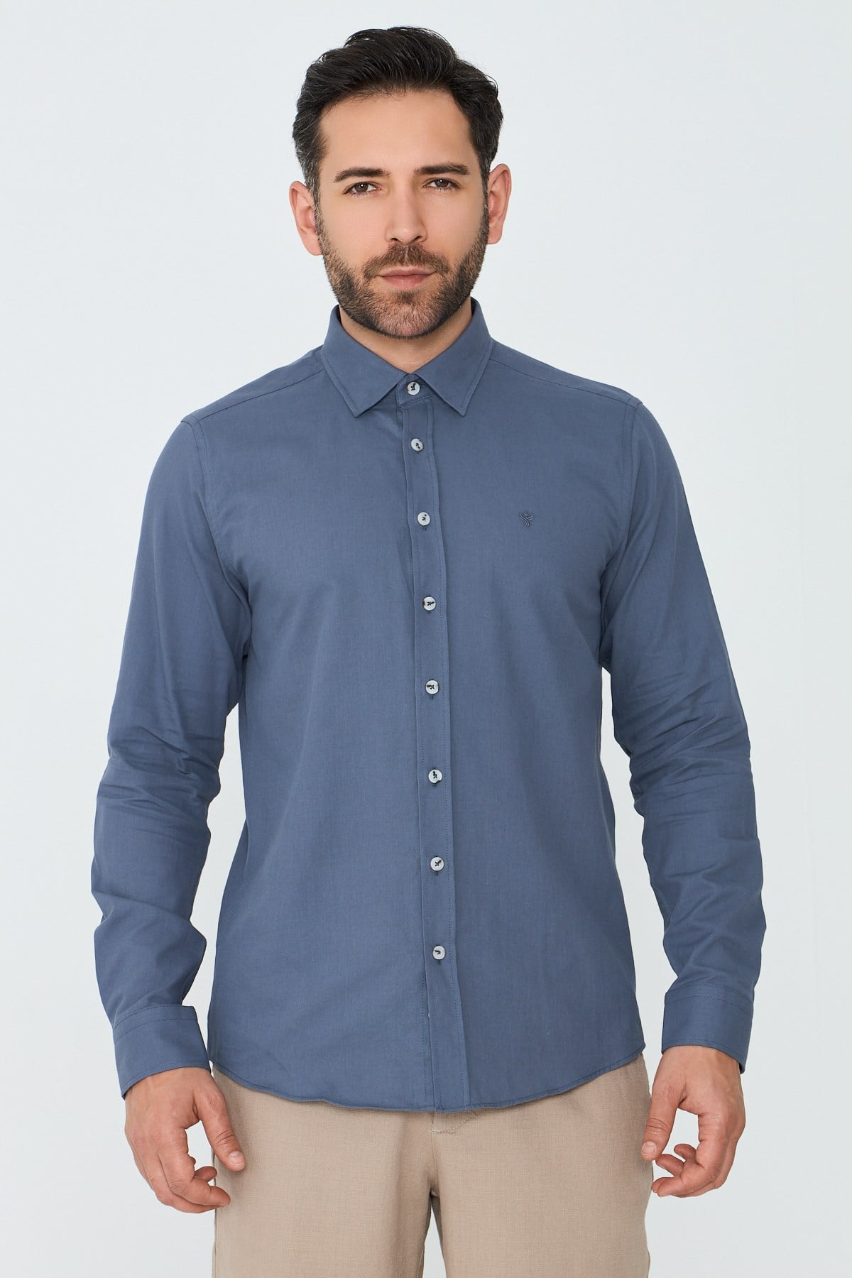 White StoneKoyu Gri %100 Pamuk Dynamic Fit Erkek Uzun Kollu Gömlek