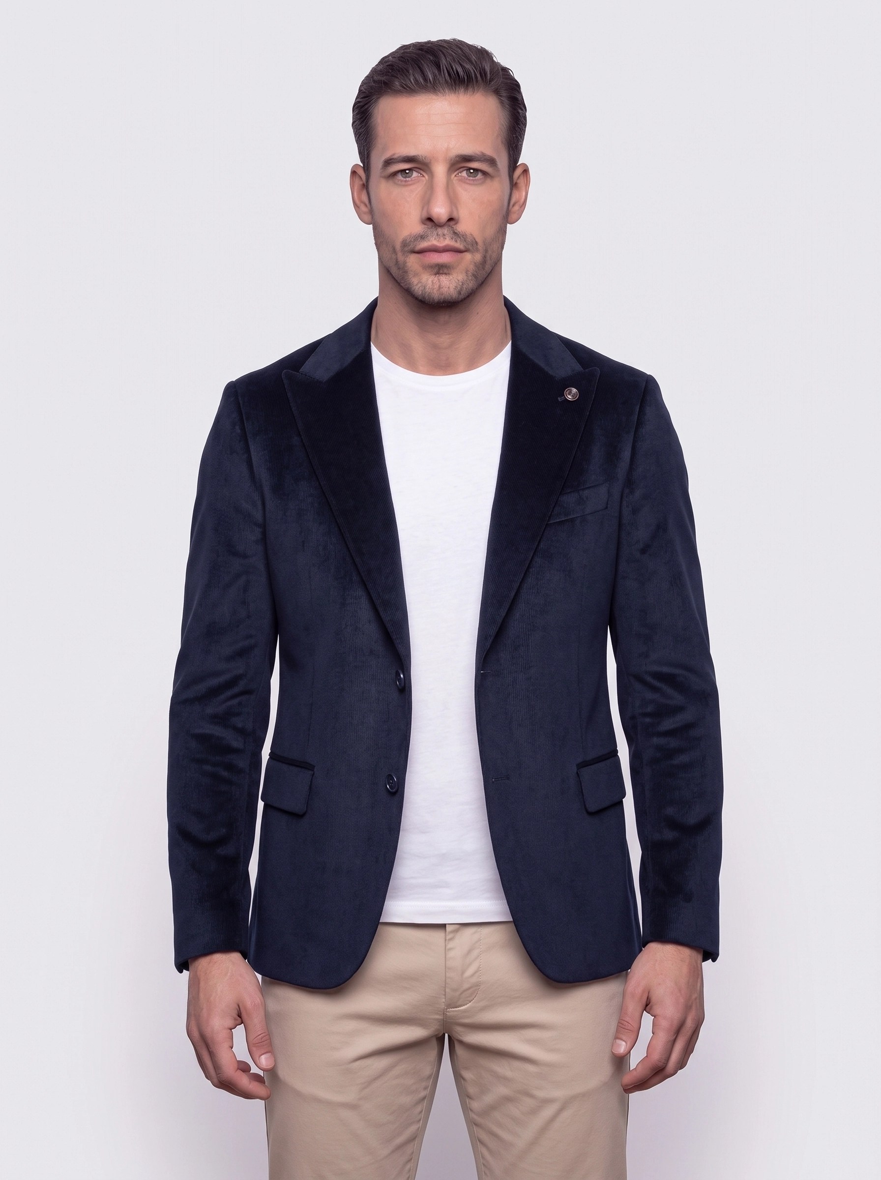 White StoneLacivert Sivri Yakalı Slim Fit 6 Drop Erkek Casual Kadife Ceket