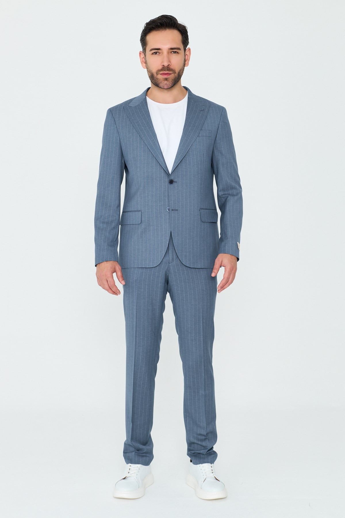 White StoneMavi Çizgili Sivri Yaka 6 Drop Regular Fit Günlük Takım Elbise