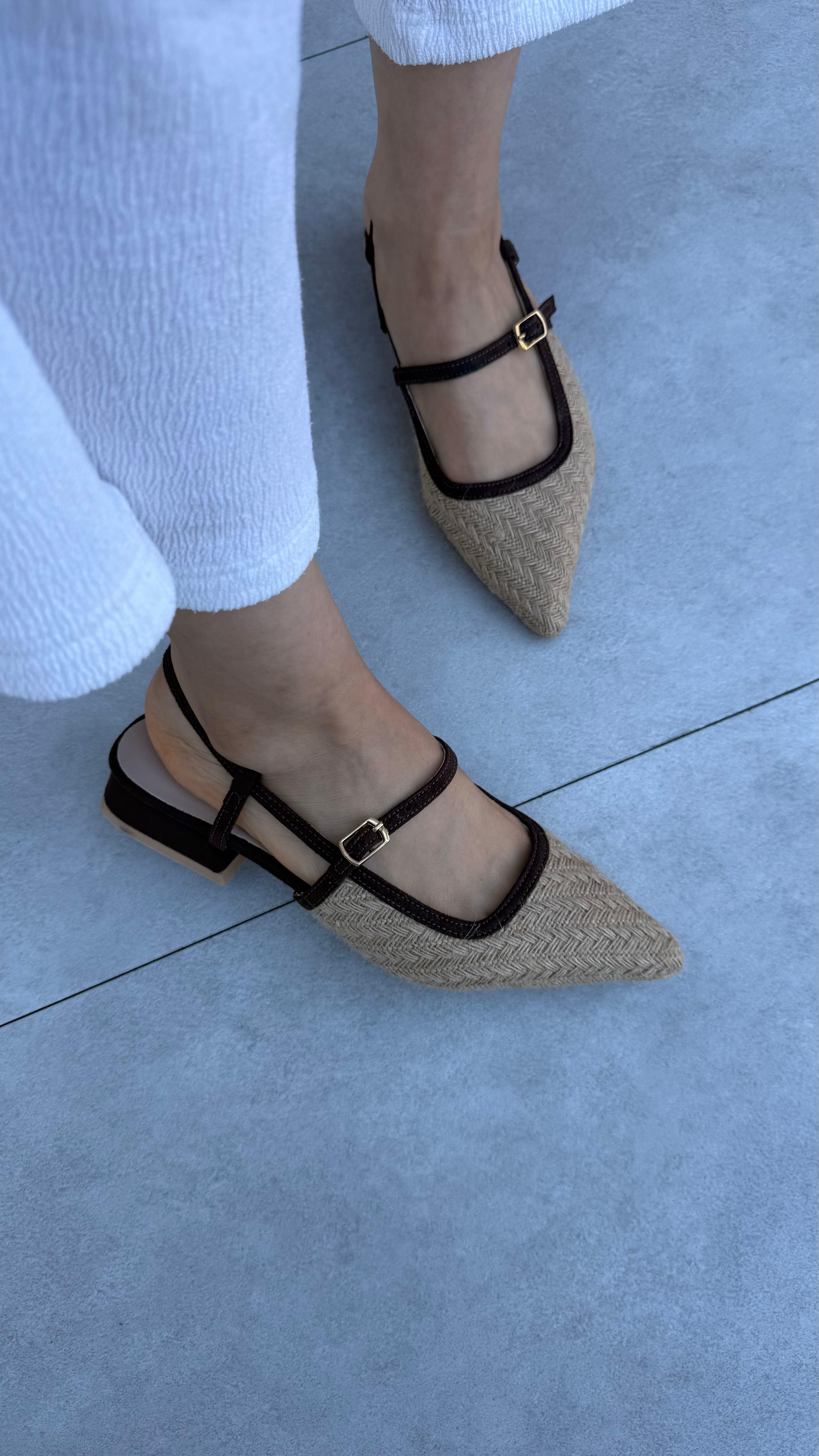 Lexa Sivri Burun Hasır Acı Kahve Süet Topuklu Ayakkabı