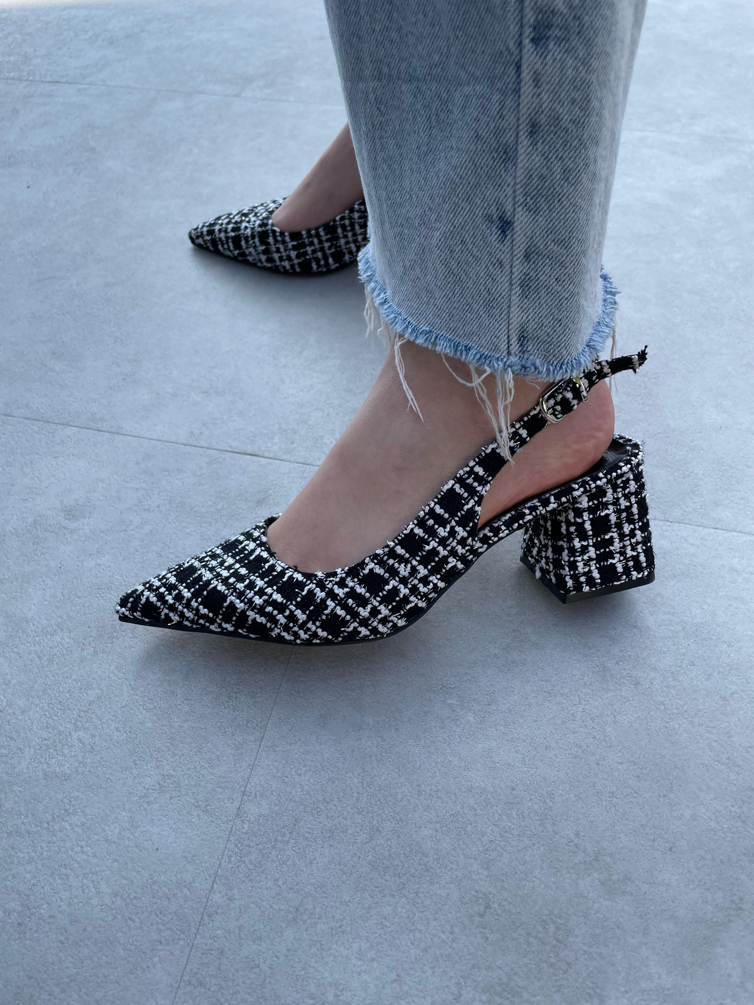 Rose Siyah Beyaz Tüvit Kalın Topuklu Ayakkabı