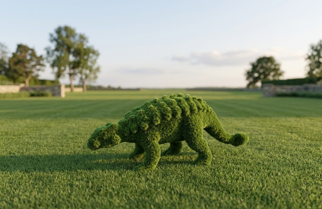 Anqulosaur small Zırhlı Dinozor Figürlü Peyzaj Sanatı - Çelik Konstrüksiyon Yapay Çim Heykeli ve Topiary 140x380x160 cm
