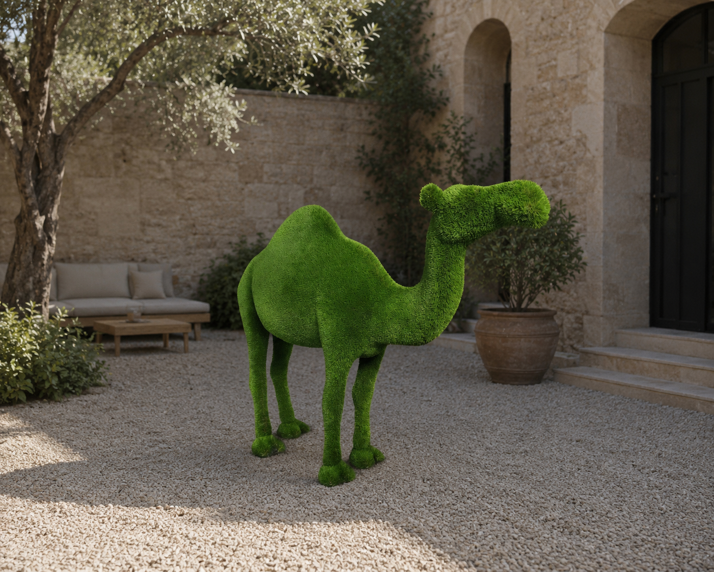 Camel (one-humped) Tek Hörgüçlü Deve Figürlü Peyzaj Sanatı - Çelik Konstrüksiyon Yapay Çim Heykeli ve Topiary 220x300x90 cm