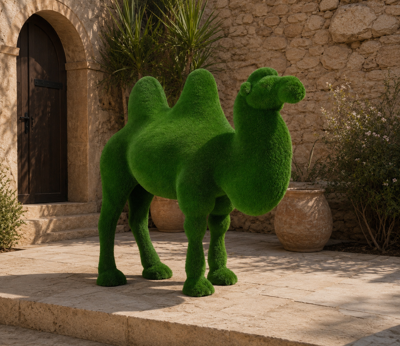 Camel (two-humped) Çift Hörgüçlü Deve Figürlü Peyzaj Sanatı - Çelik Konstrüksiyon Yapay Çim Heykeli ve Topiary 250x285x110 cm