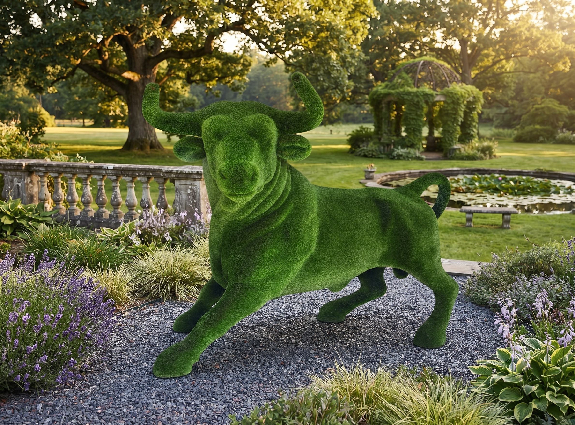 Corrida Bull Anıtsal Arena Boğası Figürlü Peyzaj Sanatı - Çelik Konstrüksiyon Yapay Çim Heykeli ve Dev Topiary 245x400x270 cm