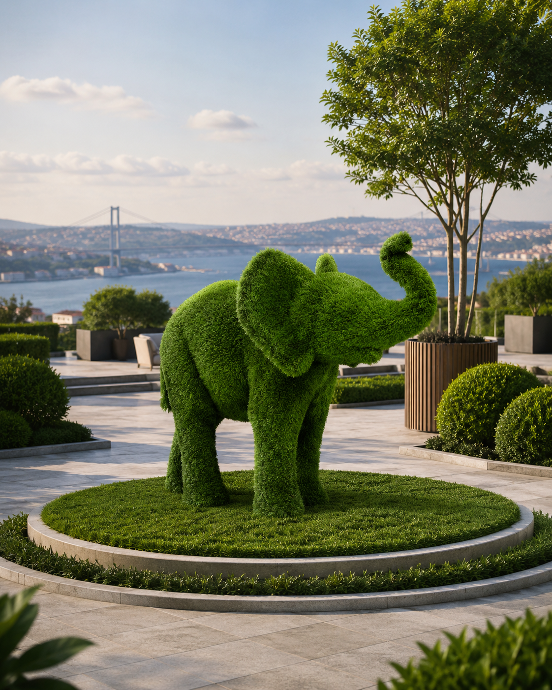 Elephant Dekoratif Fil Figürlü Peyzaj Sanatı - Çelik Konstrüksiyon Yapay Çim Heykeli ve Topiary 150x260x170 cm