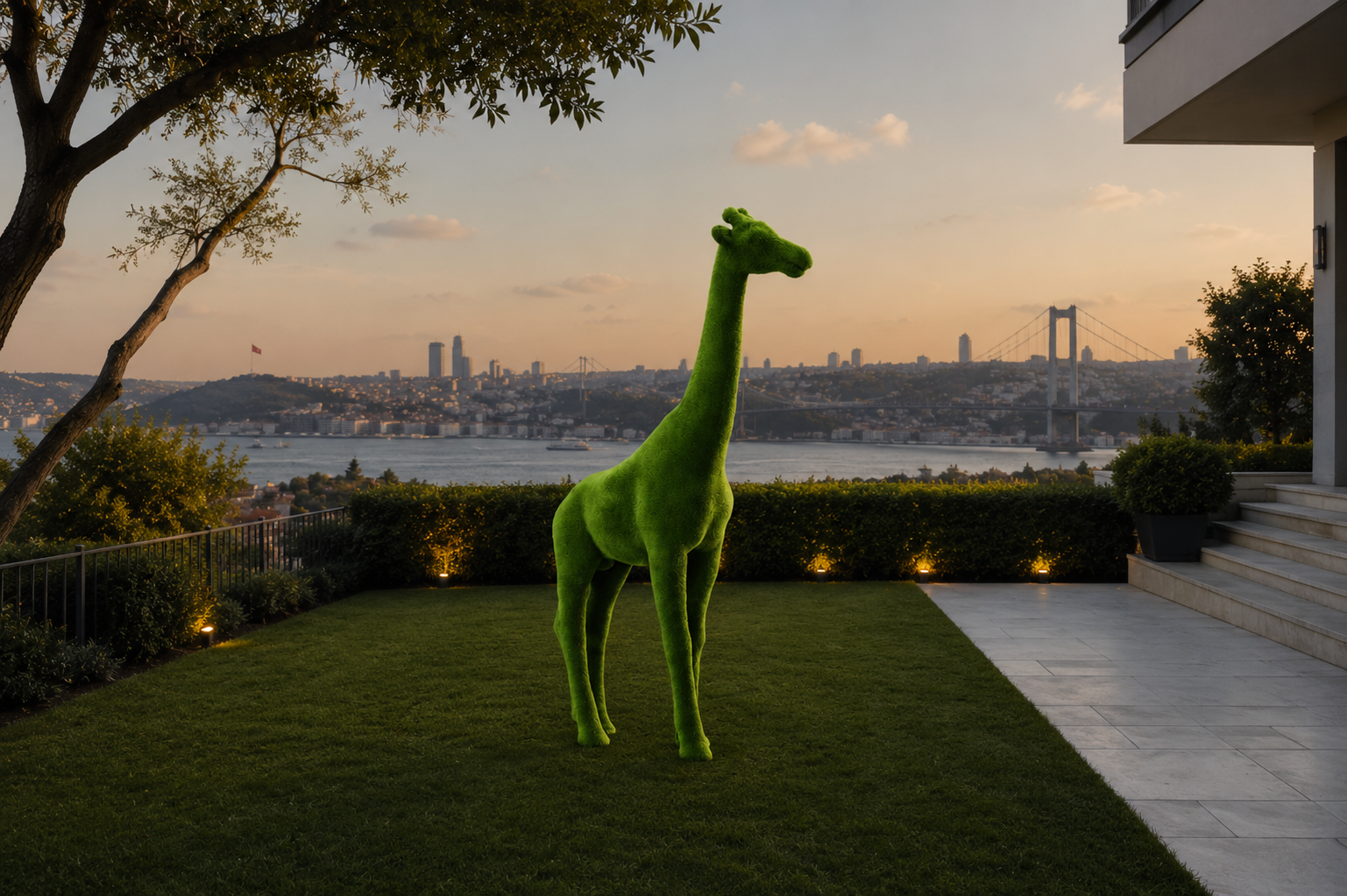 Giraffe Dekoratif Zürafa Figürlü Peyzaj Sanatı - Çelik Konstrüksiyon Yapay Çim Heykeli ve Topiary 450x300x85 cm