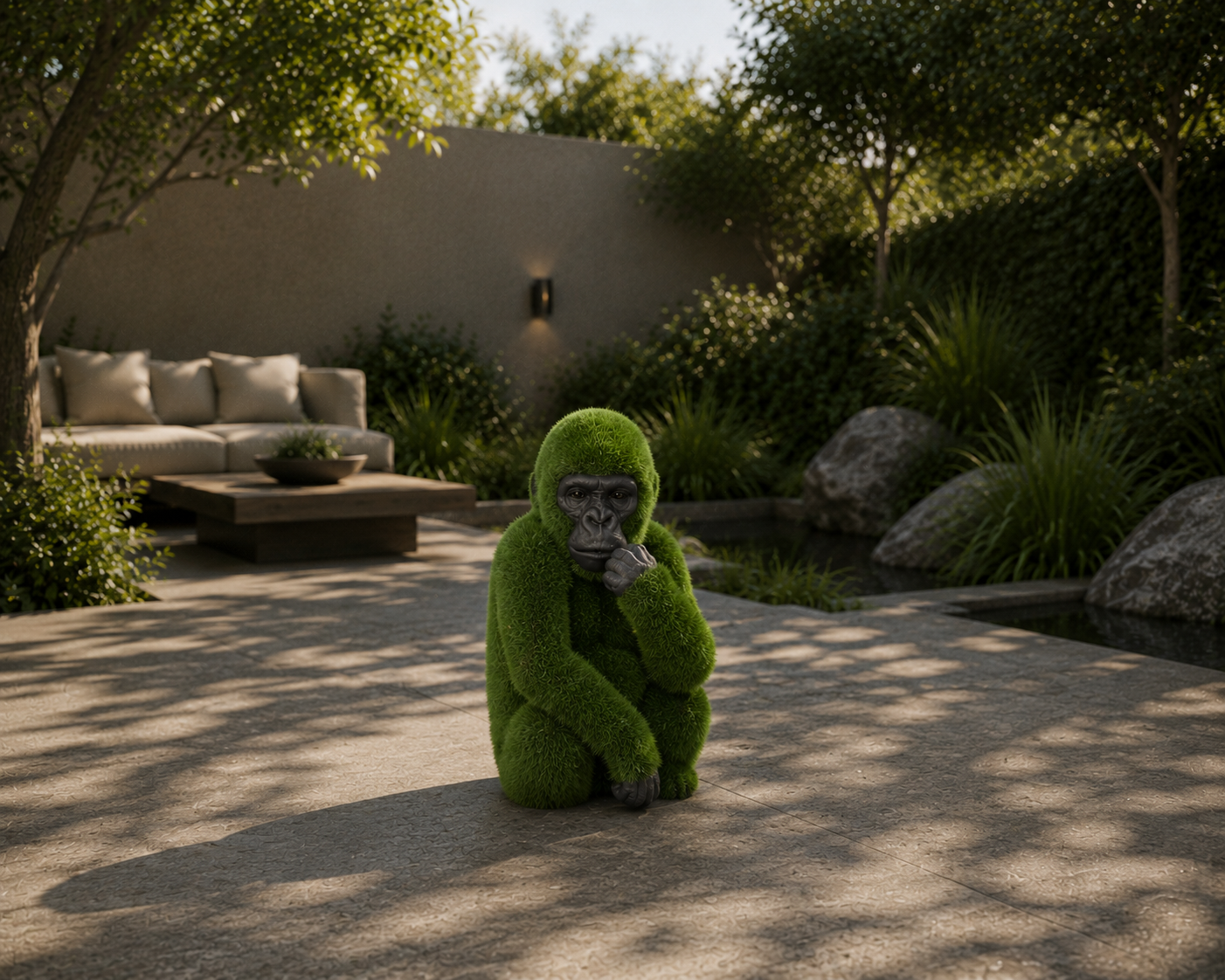 Gorilla baby with carved face Sanatsal Yüz Detaylı Yavru Goril Figürlü Peyzaj Sanatı - Çelik Konstrüksiyon Yapay Çim Heykeli ve Topiary 100x70x50 cm